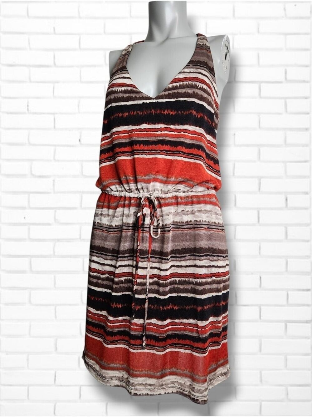 Matty M Halter Strap Deep V Neck Striped Midi Dress in Red, Black, Cream Size S